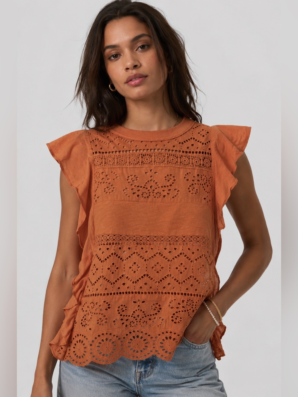 Anthropologie Burnt Orange Eyelet Ruffle Camisole